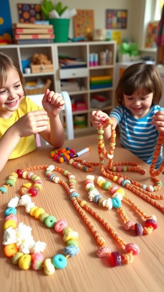 Edible snack necklaces made with fruit loops, popcorn, and gummy candies, on a wooden table.